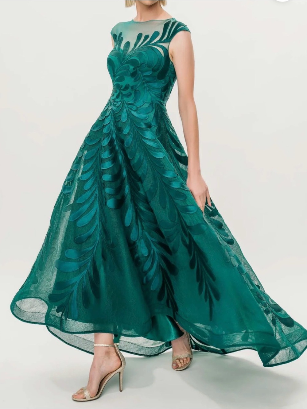 Emerald Green High-Low Evening Dress with Sheer Yoke
